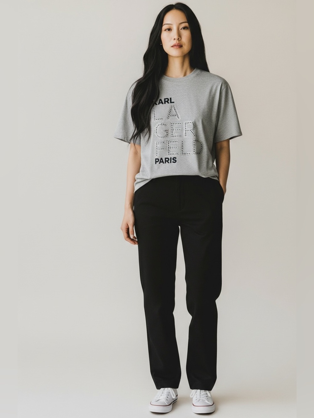 Karl Lagerfeld Large Sparkle Stud Logo Grey Women’s Tee Size XS NWT